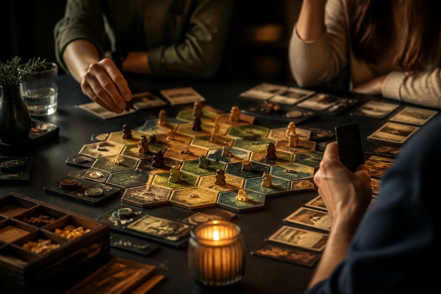 Friends playing a board game by candlelight